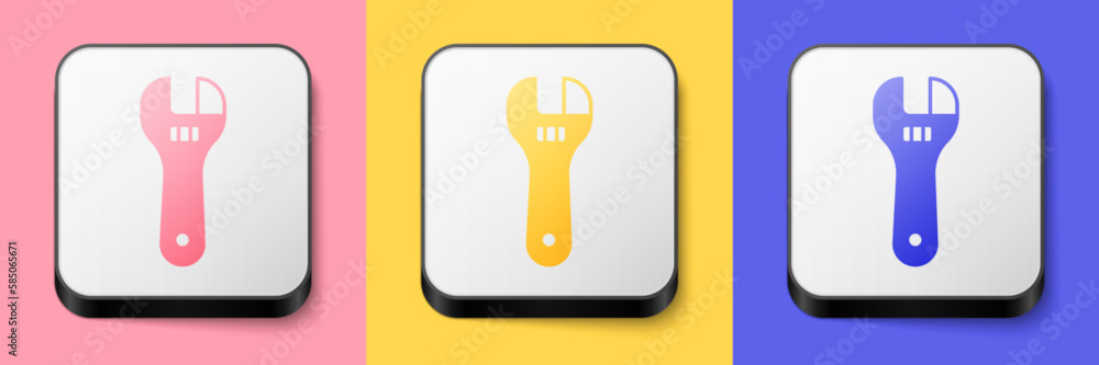 Isometric Adjustable wrench icon isolated on pink, yellow and blue background. Square button. Vector Isometric Adjustable wrench icon isolated on pink, yellow and blue background. Square button. Vector