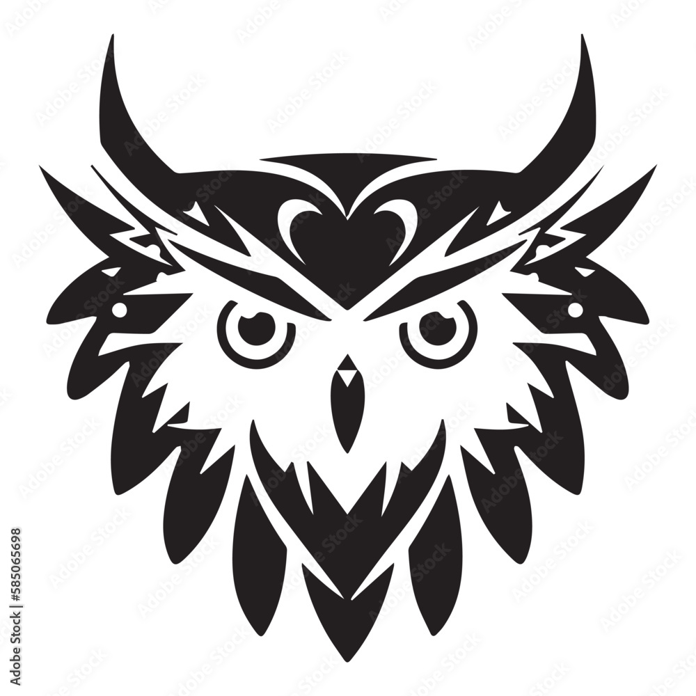 Owl minimal black and white vector icon. Isolated artistic logo. Tattoo ideas of wise animal. Creative modern concept of bird. Simple shapes for company logo. Brand design. Graphic art of snow owl.