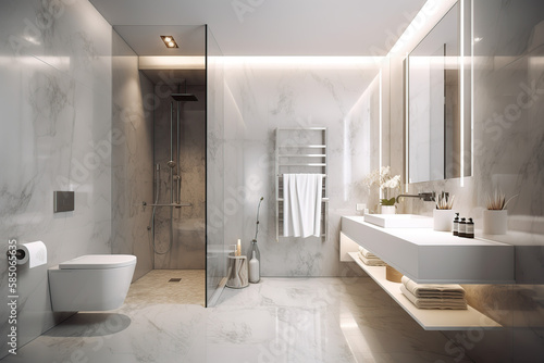 Bath Room Luxury Interior Design, bathtub, sink, artificial light,  with beautiful decoration, the concept for home and hotel, generative AI tools.