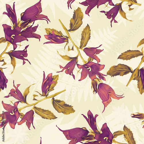 Bell flowers with fern silhouette seamless pattern.