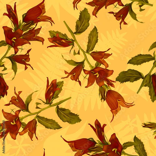 Bell flowers with fern silhouette seamless pattern.