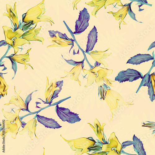 Bell flowers with fern silhouette seamless pattern.