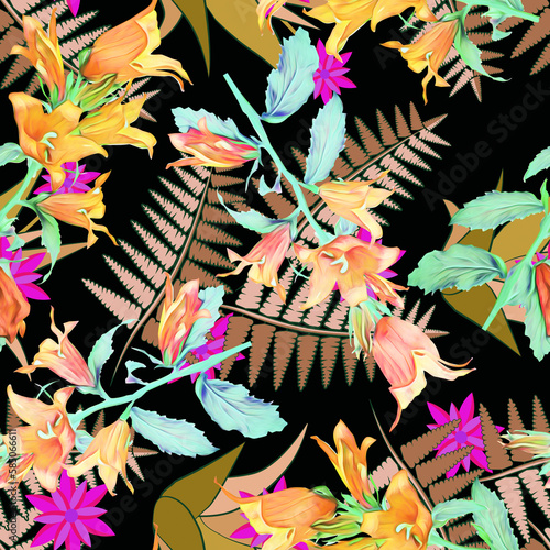 Bell flowers with fern silhouette seamless pattern.