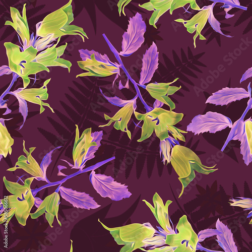 Bell flowers with fern silhouette seamless pattern.