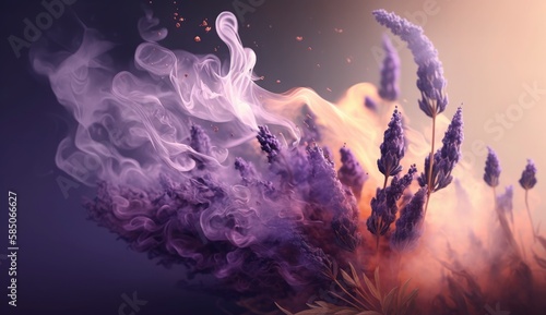Close up lavender with scent perfume smoke , Generative Ai