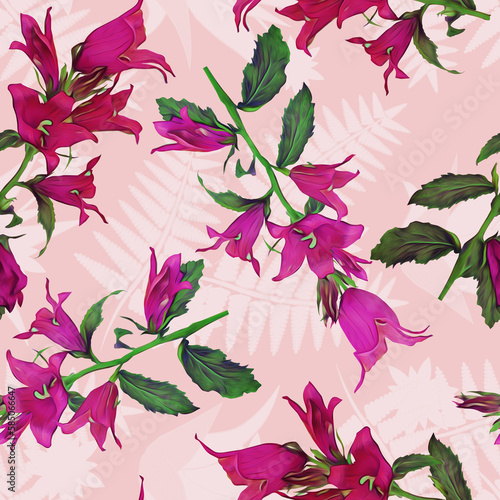 Bell flowers with fern silhouette seamless pattern.