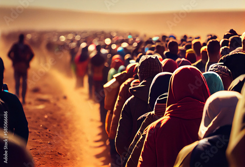 Crowd of refugee people goes in a line and a humanitarian disaster zone to cross the border into another country. Generative AI