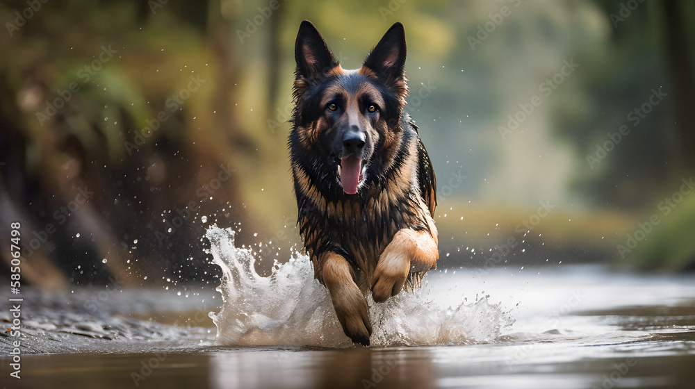 german shepherd dog in water, created with generative AI german shepherd dog in water, created with generative AI