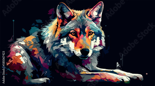 Wolf portrait. Colorful wildlife painting. Digital vector art of predator wildlife. Beautiful and majestic pop art. Creative wolf illustration. Hipster trendy modern polygon concept. Decoration poster