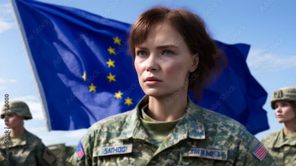 Fototapeta premium Portrait of female solider in uniform. Blurry background. Generative AI.