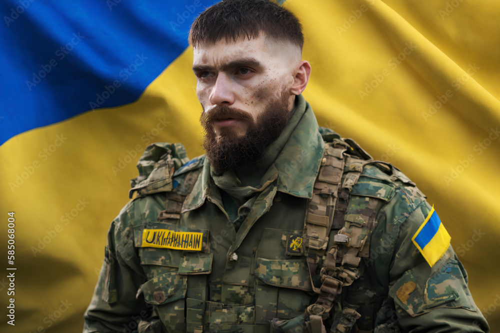 Male solider in uniform. Ukrainian flag in background. Generative AI.