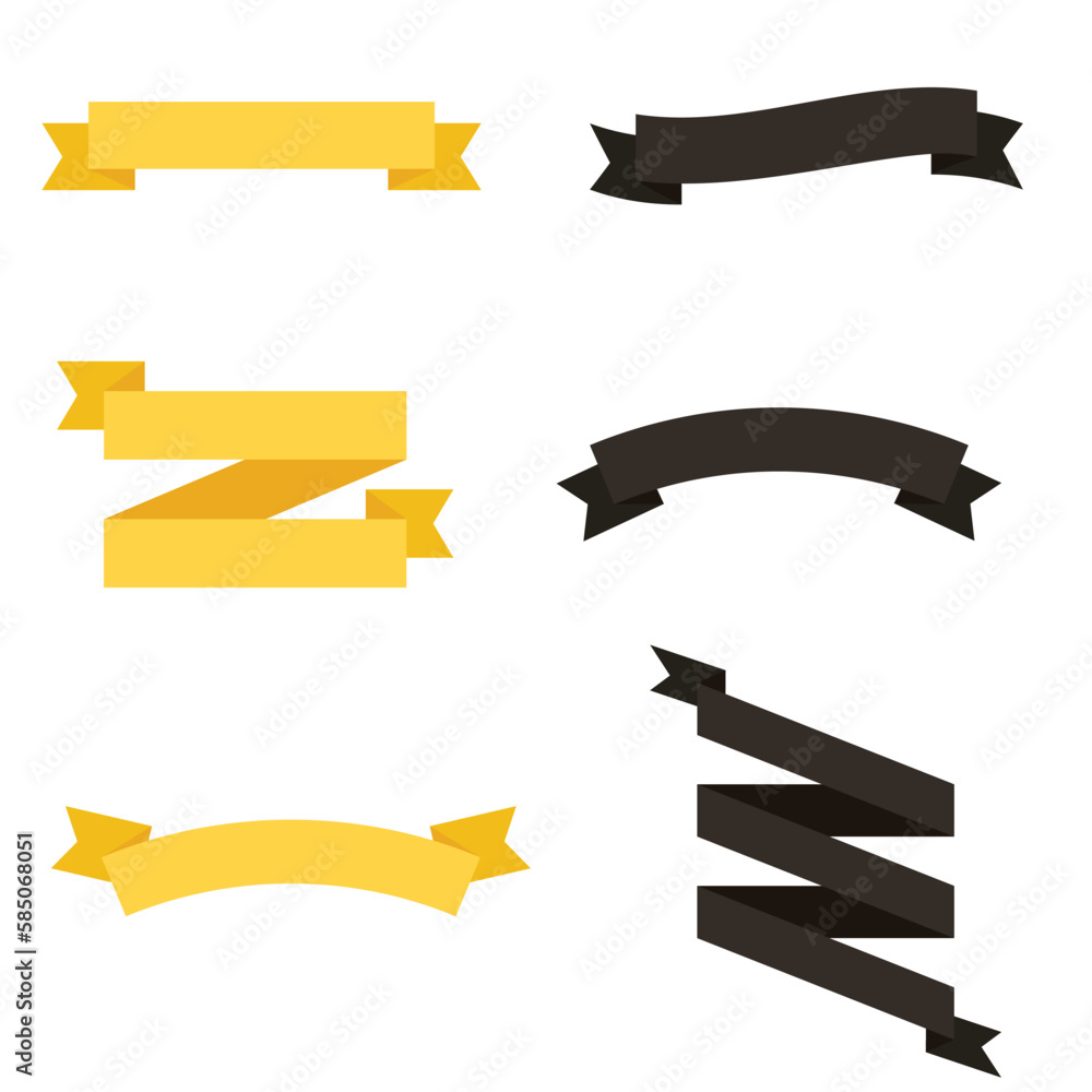 Flat ribbons banner vector icon set gold and black color on white background