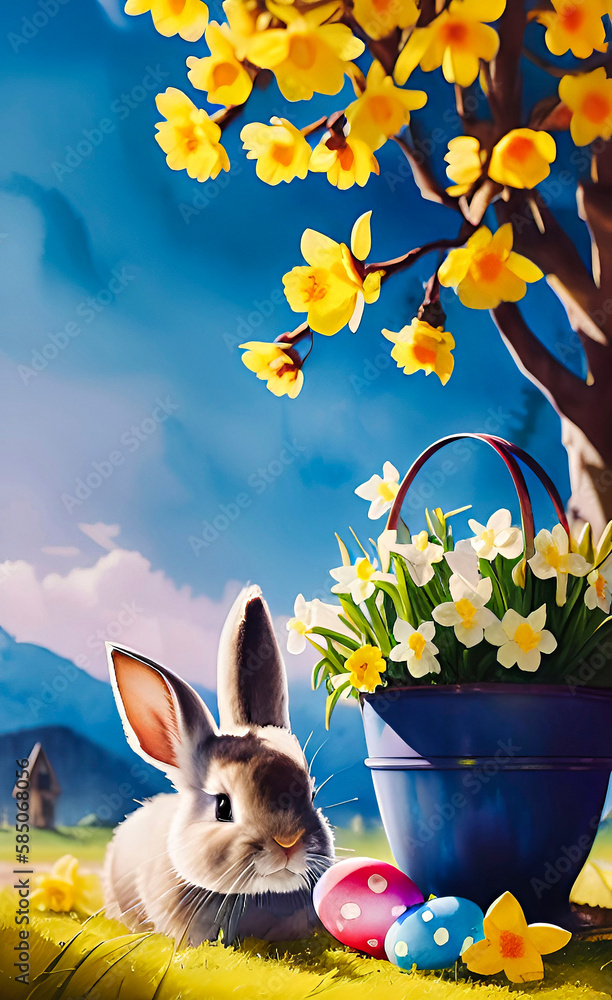 Fototapeta premium Schöne Ostern Bilder, frohe Ostern Bilder, frohe Ostern Bilder lustig, Bunte Ostern Bilder, Blaue Osterhasse, Tulpen, Osterglocken, Narzissen, Osterglöckchen, Osterblumen.