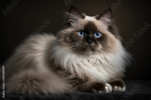 Elegant Birman Breed Cat on Dark Background: Graceful, Affectionate, and Hypnotic