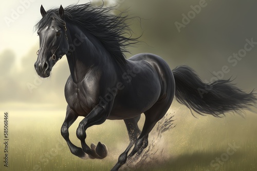 a black horse from the front running in a field  generative ai
