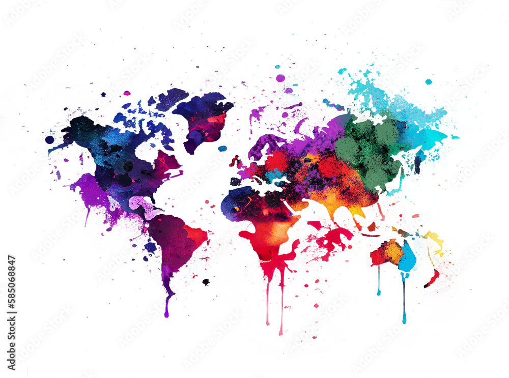 World map in watercolor painting abstract splatters. Isolated transparent png. Generative AI