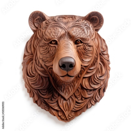 Mahogany wooden bear head trophy  isolated on white  wall hanging  generative ai