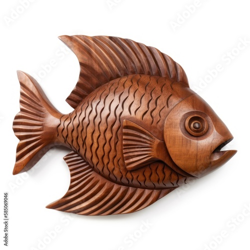 Mahogany wooden fish head trophy, isolated on white, wall hanging, generative ai