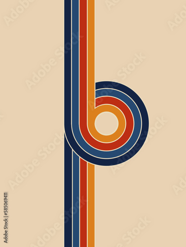Retro lines in a loop. Vintage stripes background. Sixties and seventies style graphic design. Abstract modern vertical background with copy space. Stylized letter B. Vector illustration, clip art.