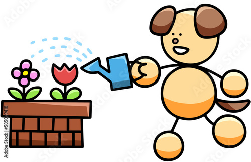 花壇の花に水をあげるわんまるのイラスト　犬