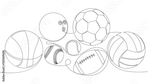 Vector continuous one single line drawing set vector of balls and equipment