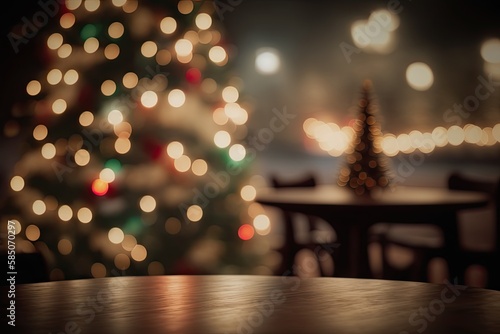 Wood Table on Blurred Christmas Tree Background  Festive Mockup  Dark Wood Table Top  Generative AI Illustration