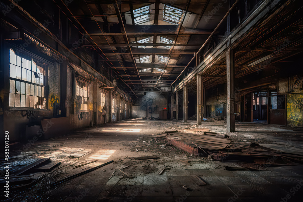 an abandoned warehouse, frozen in time and filled with the dust and debris of a bygone era. The walls bear the scars of time. Generated AI