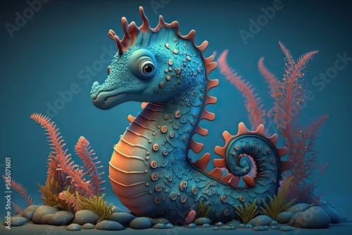 Cute Cartoon Seahorse Character Underwater in the Ocean (Generative AI) © JJAVA