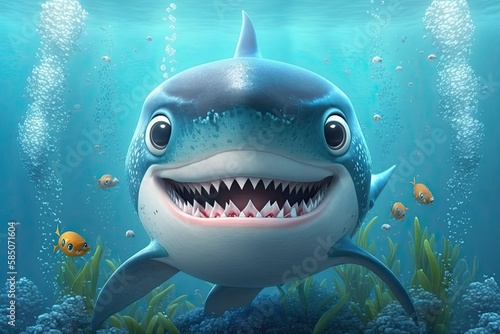 Cute Cartoon Shark Character Underwater in the Ocean (Generative AI)