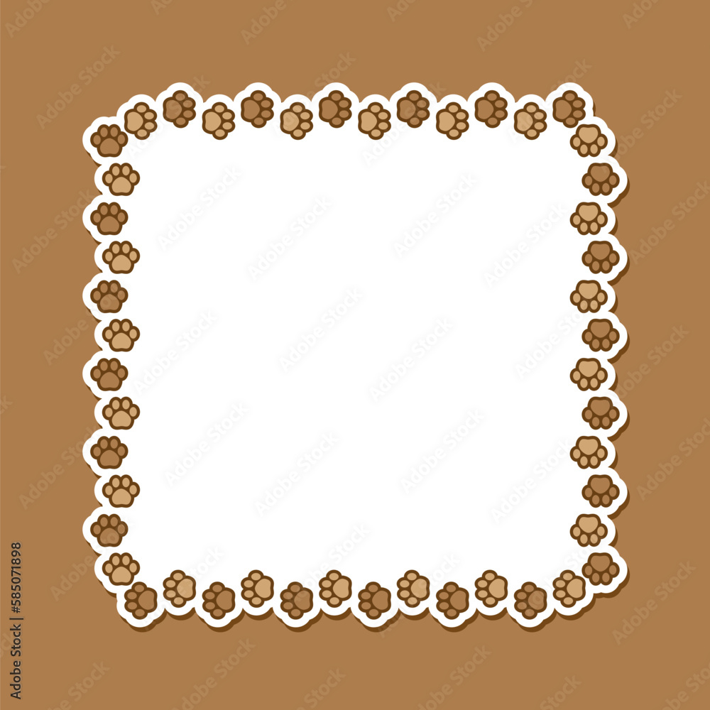 Fototapeta premium Square frame made of animal paw prints with empty space for your text and images. Cute dog paw print border. Vector illustration