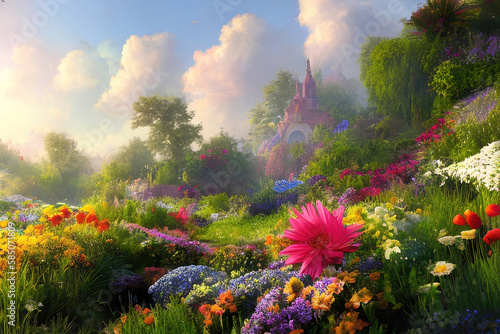 Paradise garden full of flowers, beautiful idyllic background with many flowers in eden, 3d illustration. Generative Ai.