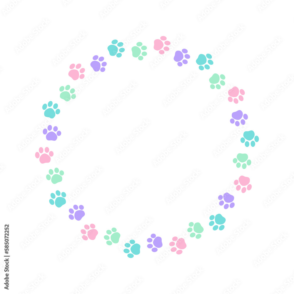 Round colorful pastel animal paw print frame with empty space for your text and images. Cute dog paw prints border. Vector illustration