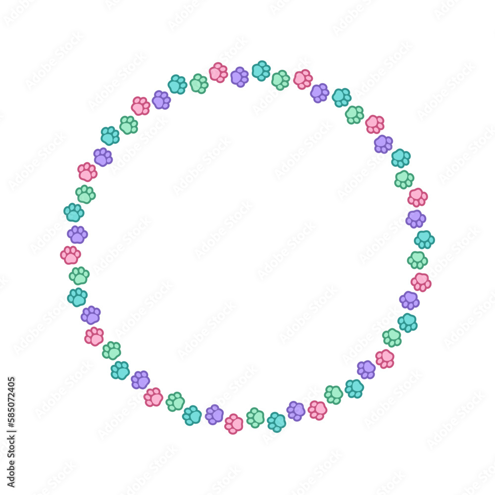 Round colorful pastel animal paw print frame with empty space for your text and images. Cute dog paw prints border. Vector illustration