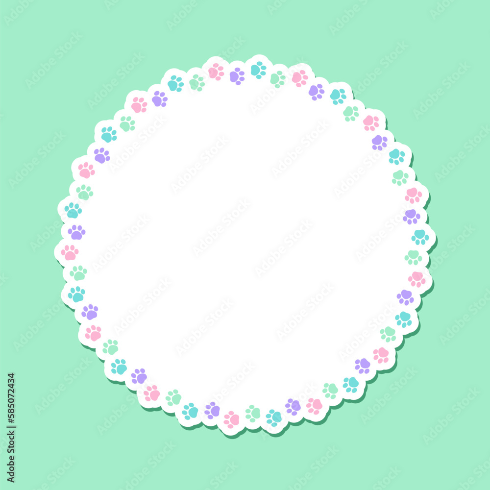 Round colorful pastel animal paw print frame with empty space for your text and images. Cute dog paw prints border. Vector illustration