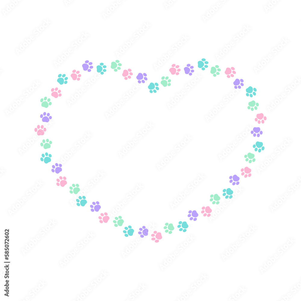 Heart shaped colorful pastel animal paw print frame with copy space. Cute Valentines Day, animal lover dog paw prints border. Vector illustration