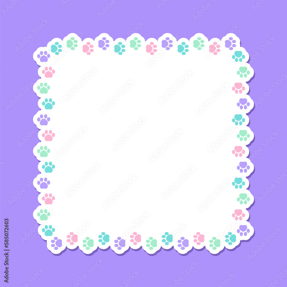 Square colorful pastel animal paw print frame with empty space for your text and images. Cute dog paw prints border. Vector illustration