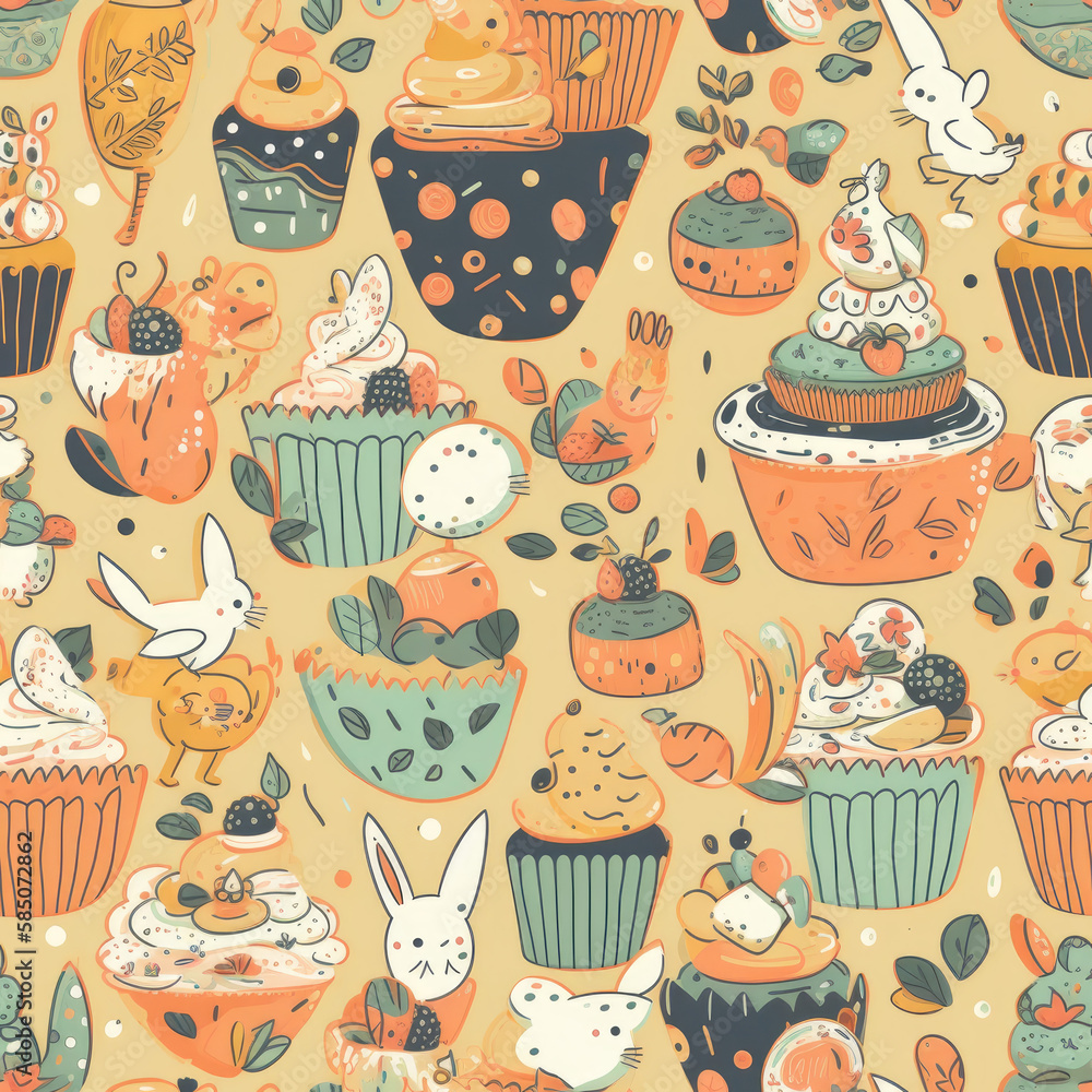 Easter seamless pattern with delicious cupcakes and sweet animals. Generative ai. Easter seamless pattern with delicious cupcakes and sweet animals. Generative ai.