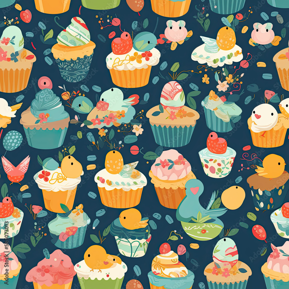 Easter seamless pattern with delicious cupcakes and sweet animals. generative ai. Easter seamless pattern with delicious cupcakes and sweet animals. generative ai.