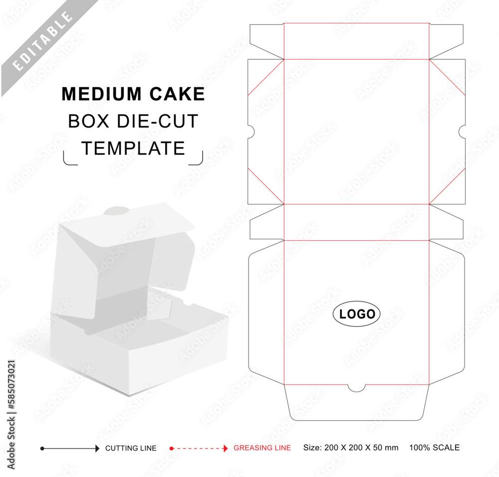 Auto lock cake box die cut template with 3D blank vector mockup for food packaging Auto lock cake box die cut template with 3D blank vector mockup for food packaging