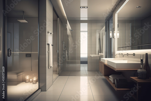 Light luxury bathroom interior with sink and tub  mirror  glass  beautiful light  glass  and generative AI tools.