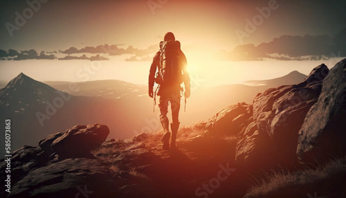 Hiker goes against sky and sun. Hiking concept. Generative Ai.