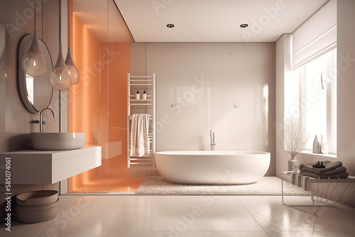 Light luxury bathroom interior with sink and tub  mirror  glass  beautiful light  glass  and generative AI tools.