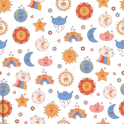 Fototapeta Naklejka Na Ścianę i Meble -  Groovy seamless pattern with weather characters