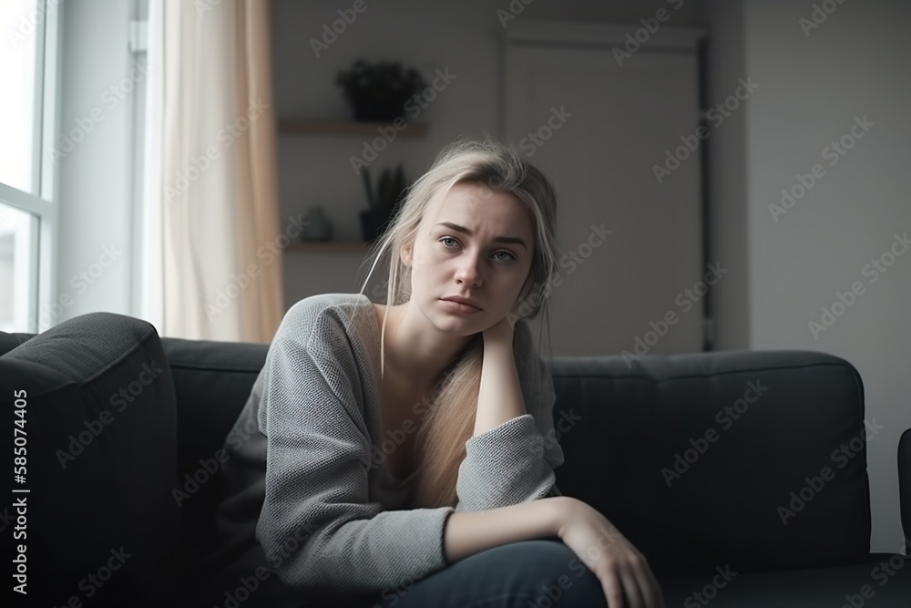 eine frau mit kopfschmerzensitzt auf einer couch, hält sich den kopf und wirkt müde. (generative ai)