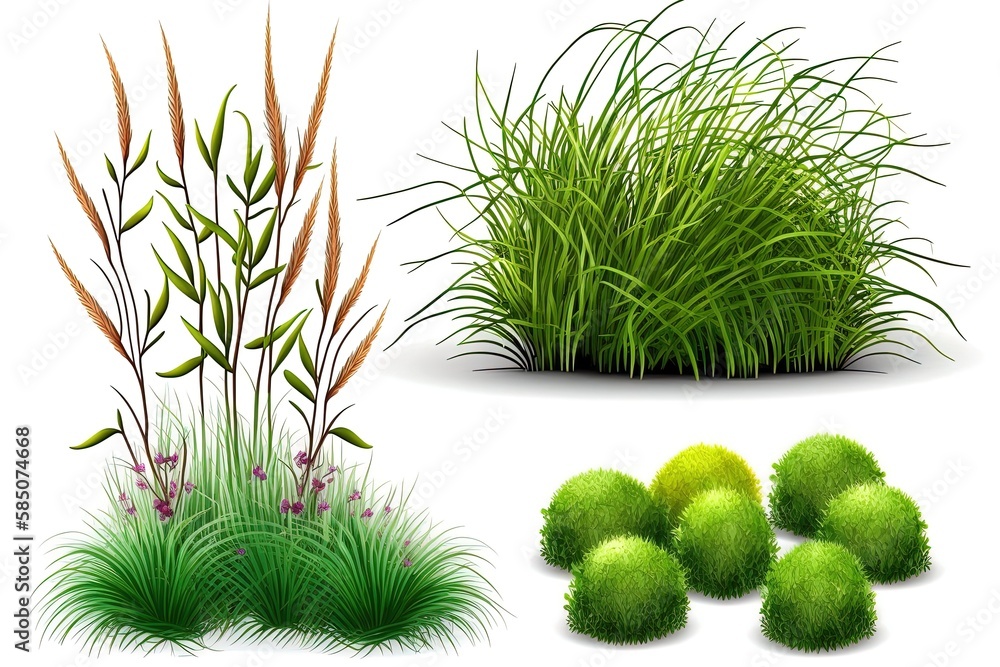 Green grass bush and trunks isolated collection. Lush shrubs on white background for gardening landscape creation. Green grass bush and trunks isolated collection. Lush shrubs on white background for gardening landscape creation.