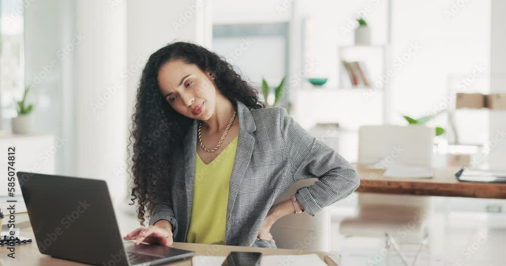 Back pain, office and business woman with laptop with posture problem, joint inflammation and muscle ache. Computer, stress and female worker working with medical injury, accident and tendinitis Back pain, office and business woman with laptop with posture problem, joint inflammation and muscle ache. Computer, stress and female worker working with medical injury, accident and tendinitis