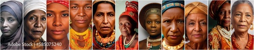 Collage of multiracial women portraits. Collection of traditional dressed people, society and diversity. Generative AI © Rawf8