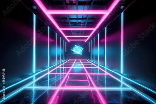 3d render, abstract neon background, glowing pink blue led light, cross symbol with tunnel