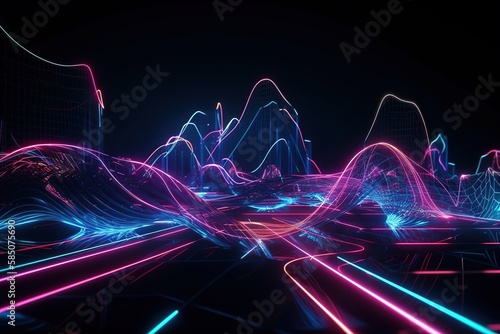 3d render  abstract neon panoramic background  glowing lines  ultraviolet light