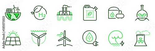 Green energy. Ecology concept. Icons such as wind power, solar energy, hydropower, wave and tidal power, geothermal, biofuel, biomass , nuclear and biogas on transparent background photo